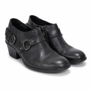 Børn Womens Black Leather Ankle Booties Size 11/43 Side Zip Buckle Strap Low...